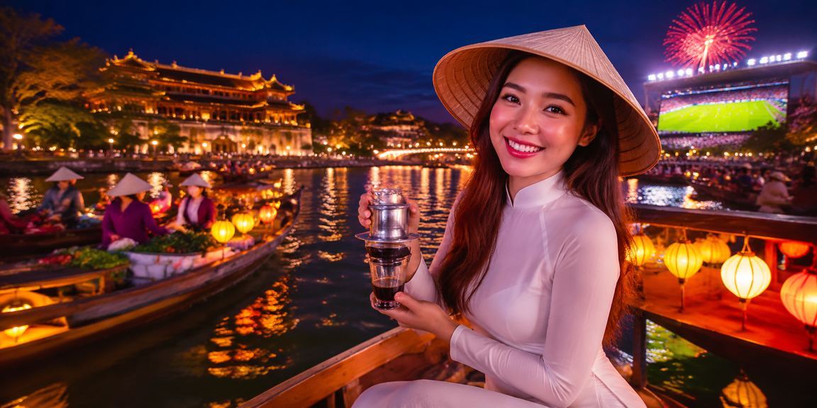 Người dùng Huế đọc hướng dẫn hỗ trợ trên điện thoại trong không gian cà phê